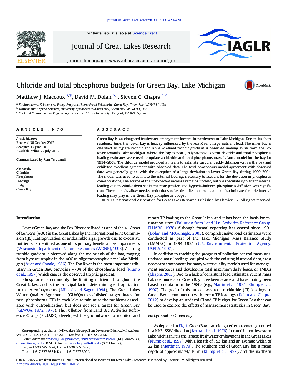 Chloride and total phosphorus budgets for Green Bay, Lake Michigan