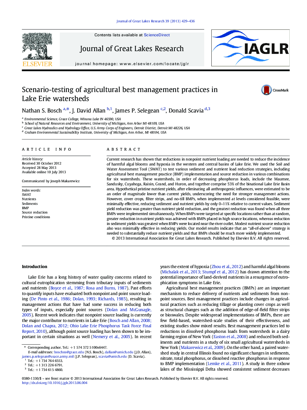 Scenario-testing of agricultural best management practices in Lake Erie watersheds