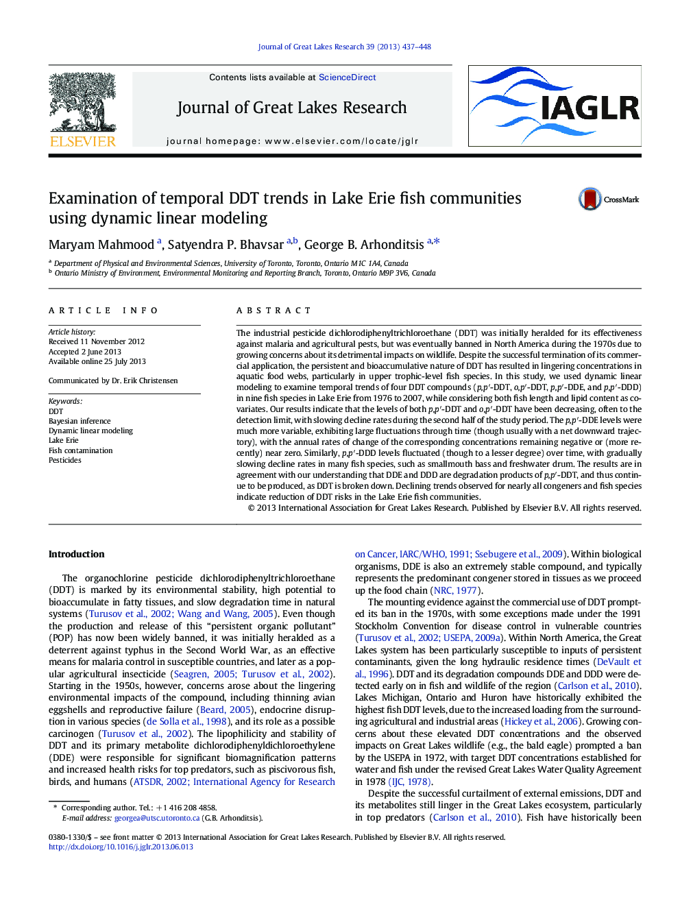 Examination of temporal DDT trends in Lake Erie fish communities using dynamic linear modeling