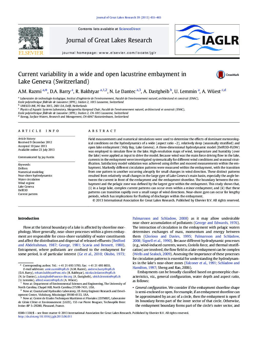 Current variability in a wide and open lacustrine embayment in Lake Geneva (Switzerland)