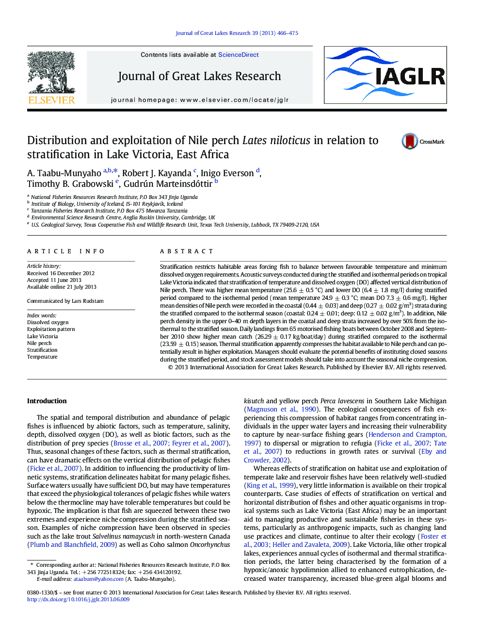 Distribution and exploitation of Nile perch Lates niloticus in relation to stratification in Lake Victoria, East Africa