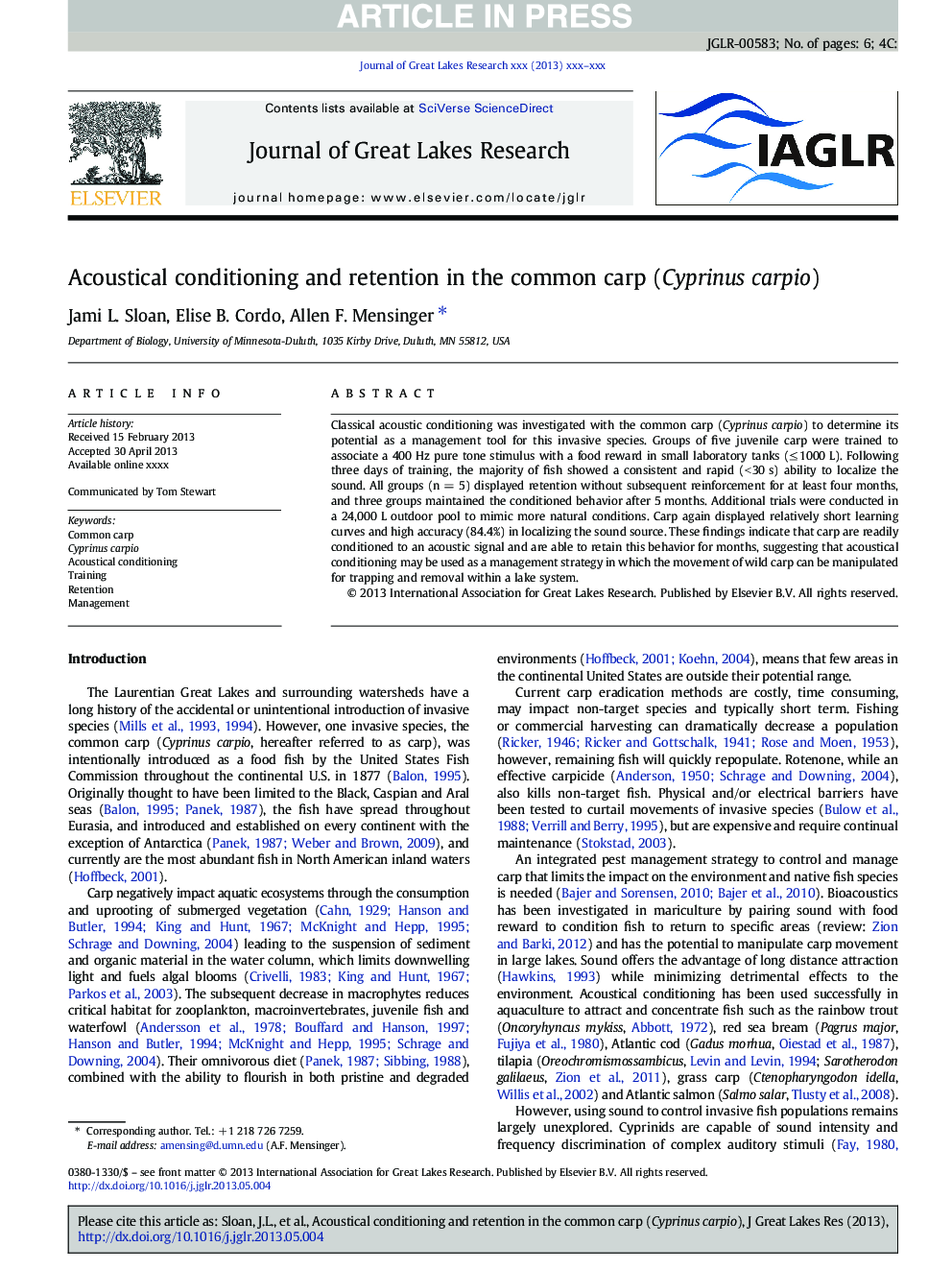 Acoustical conditioning and retention in the common carp (Cyprinus carpio)