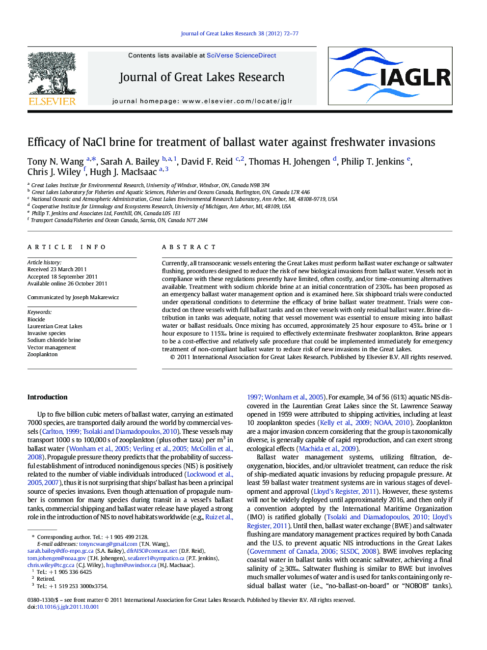 Efficacy of NaCl brine for treatment of ballast water against freshwater invasions