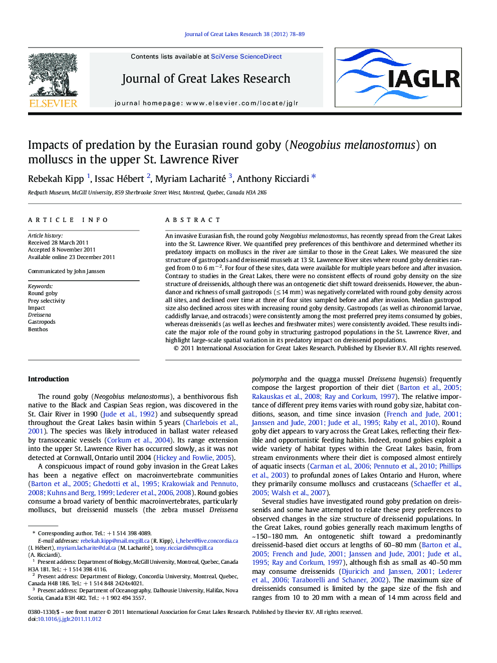 Impacts of predation by the Eurasian round goby (Neogobius melanostomus) on molluscs in the upper St. Lawrence River