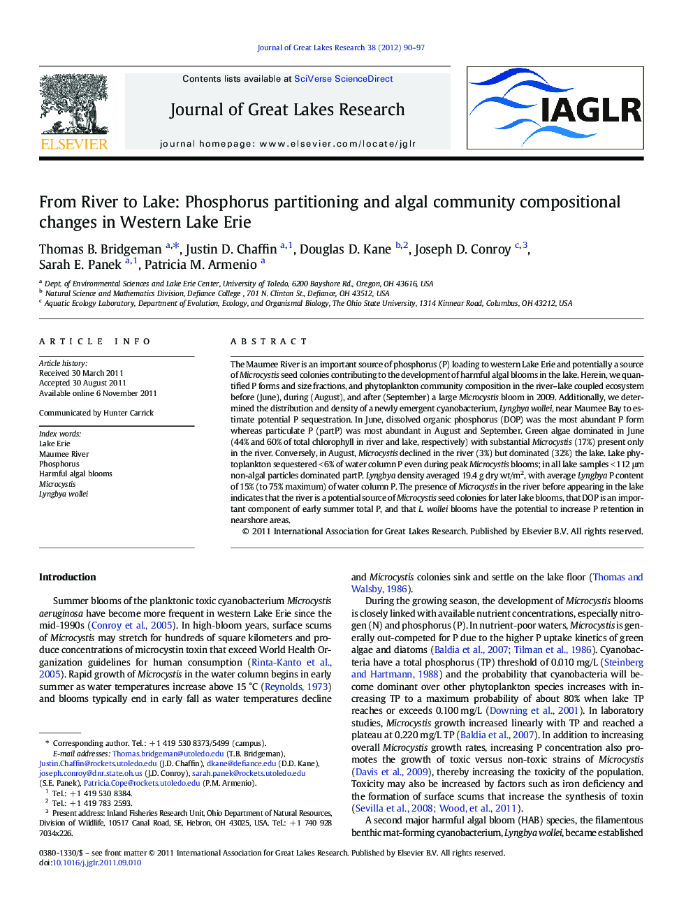 From River to Lake: Phosphorus partitioning and algal community compositional changes in Western Lake Erie