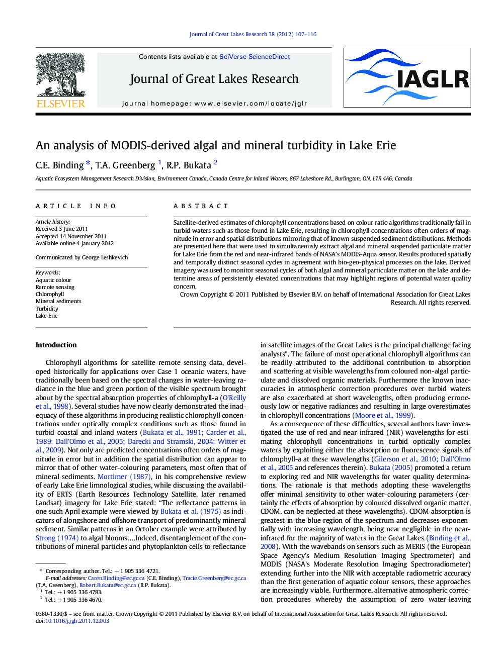 An analysis of MODIS-derived algal and mineral turbidity in Lake Erie