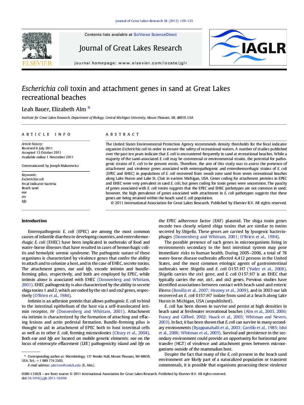 Escherichia coli toxin and attachment genes in sand at Great Lakes recreational beaches