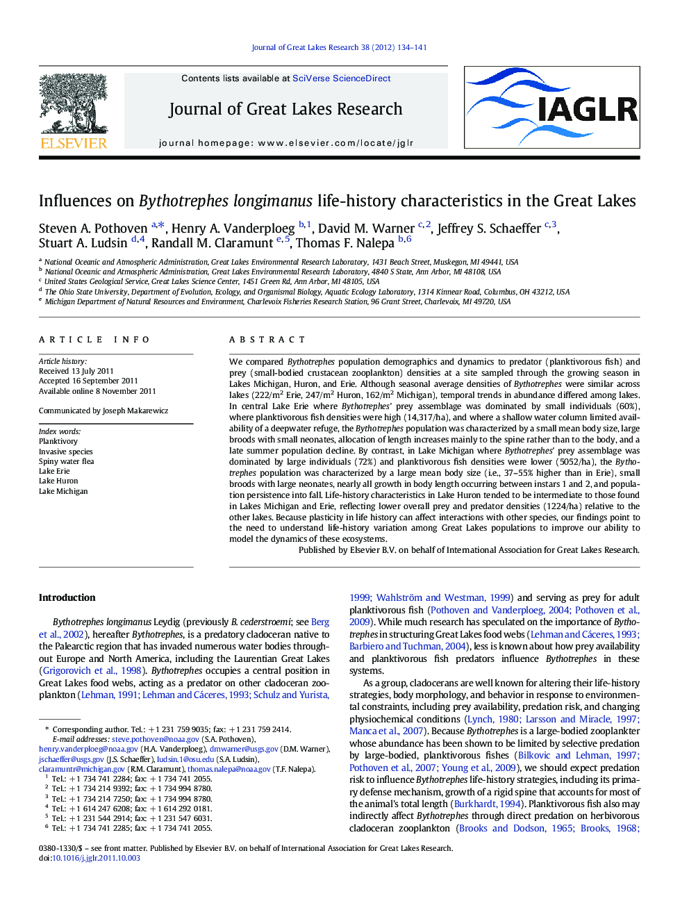 Influences on Bythotrephes longimanus life-history characteristics in the Great Lakes