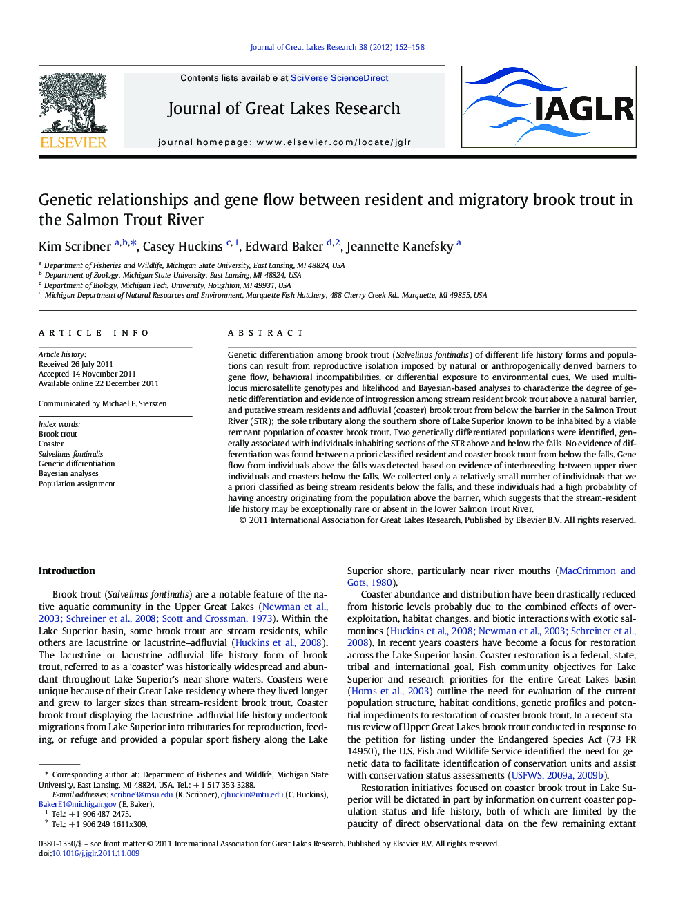 Genetic relationships and gene flow between resident and migratory brook trout in the Salmon Trout River