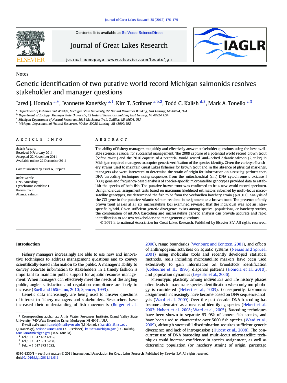 Genetic identification of two putative world record Michigan salmonids resolves stakeholder and manager questions