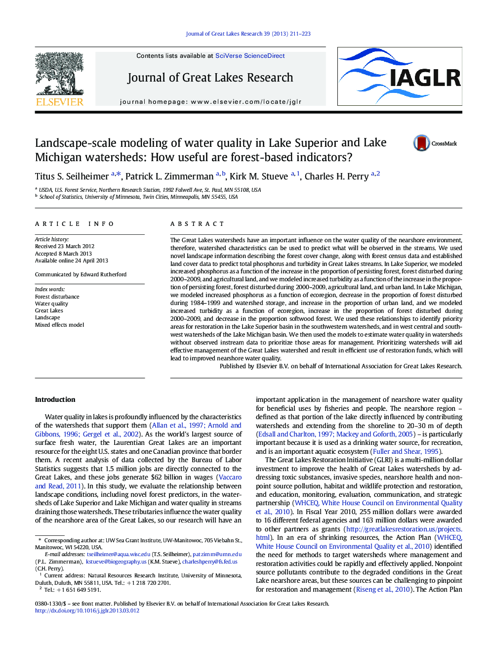 Landscape-scale modeling of water quality in Lake Superior and Lake Michigan watersheds: How useful are forest-based indicators?