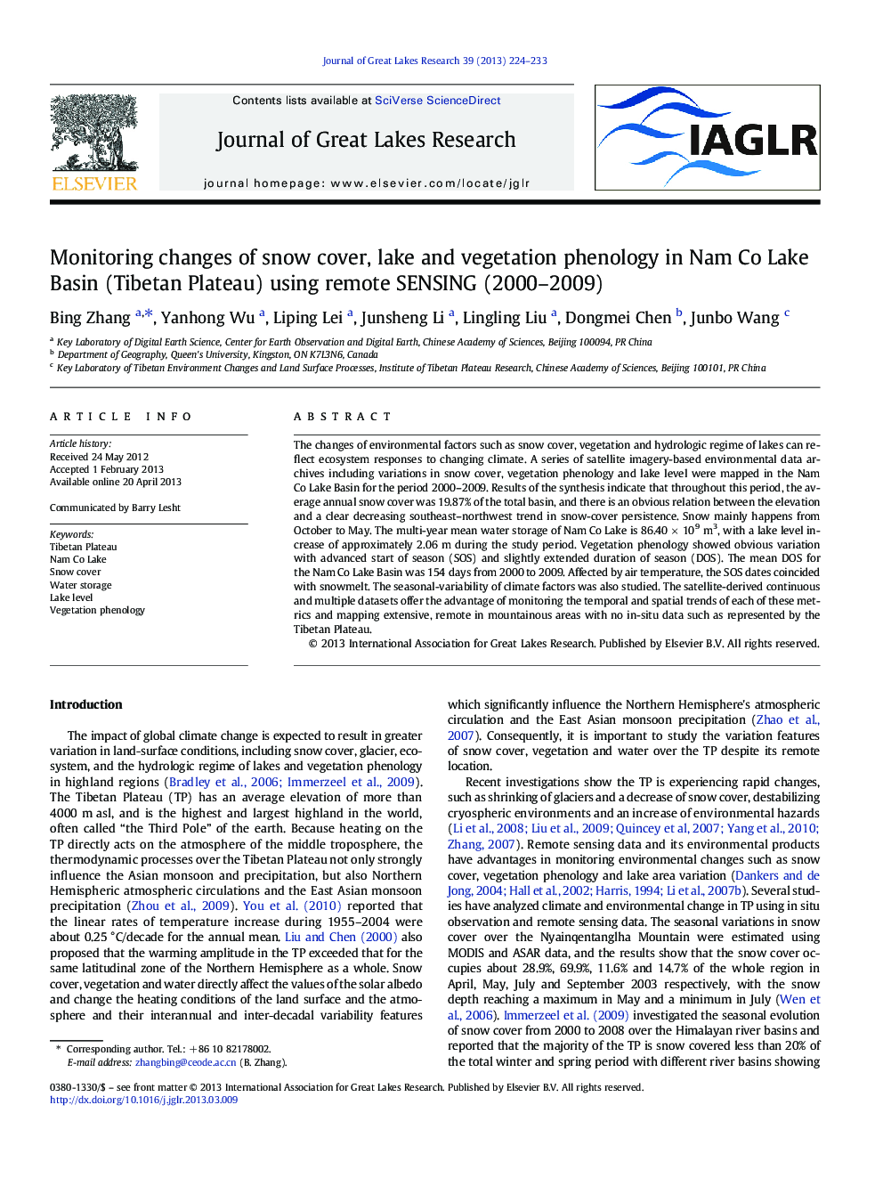 Monitoring changes of snow cover, lake and vegetation phenology in Nam Co Lake Basin (Tibetan Plateau) using remote SENSING (2000-2009)