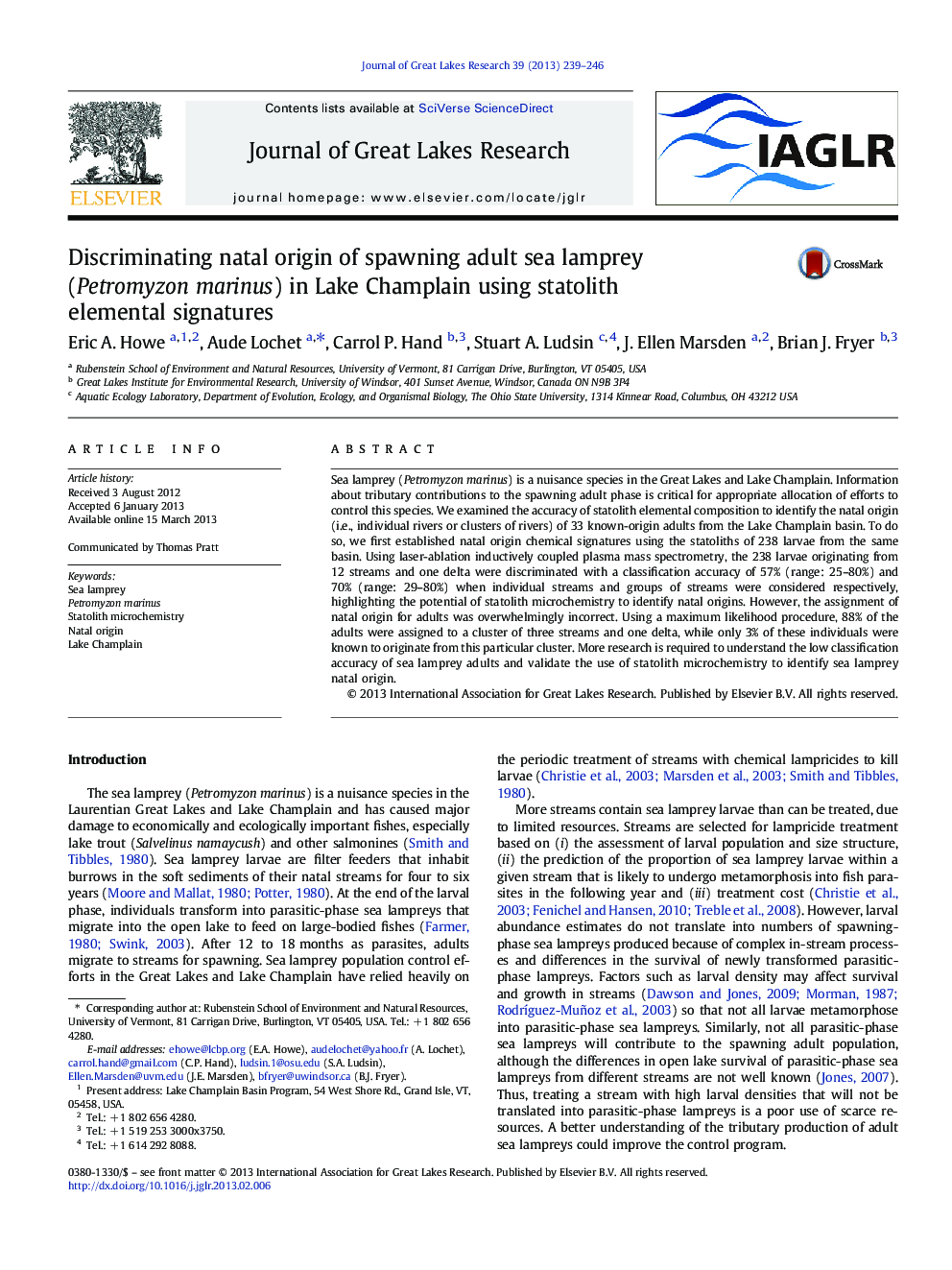 Discriminating natal origin of spawning adult sea lamprey (Petromyzon marinus) in Lake Champlain using statolith elemental signatures