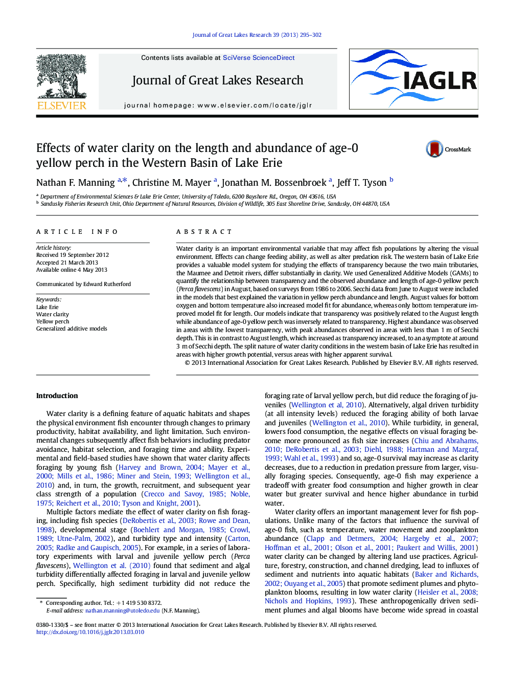 Effects of water clarity on the length and abundance of age-0 yellow perch in the Western Basin of Lake Erie