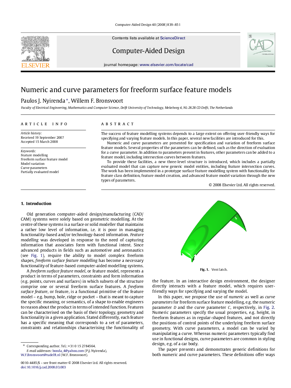 Numeric and curve parameters for freeform surface feature models