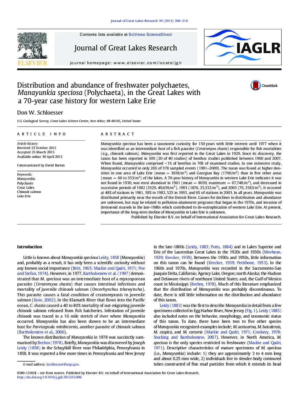 Distribution and abundance of freshwater polychaetes, Manayunkia speciosa (Polychaeta), in the Great Lakes with a 70-year case history for western Lake Erie