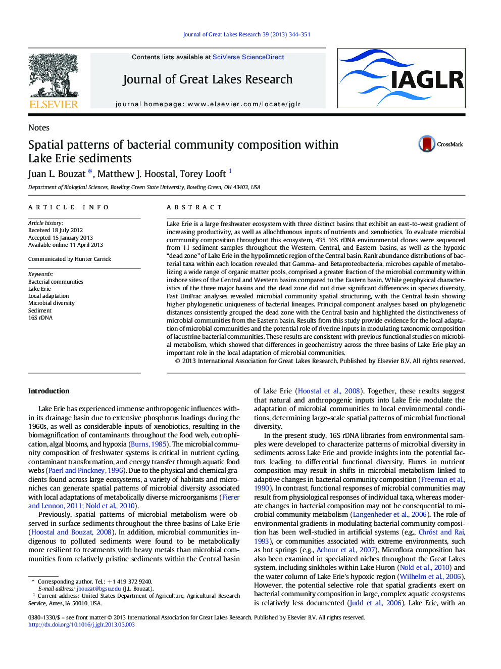 Spatial patterns of bacterial community composition within Lake Erie sediments