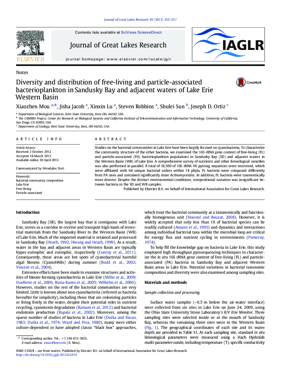 Diversity and distribution of free-living and particle-associated bacterioplankton in Sandusky Bay and adjacent waters of Lake Erie Western Basin