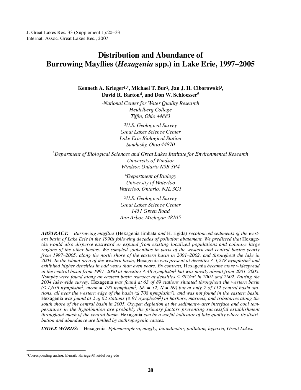 Distribution and Abundance of Burrowing Mayflies (Hexagenia spp.) in Lake Erie, 1997-2005