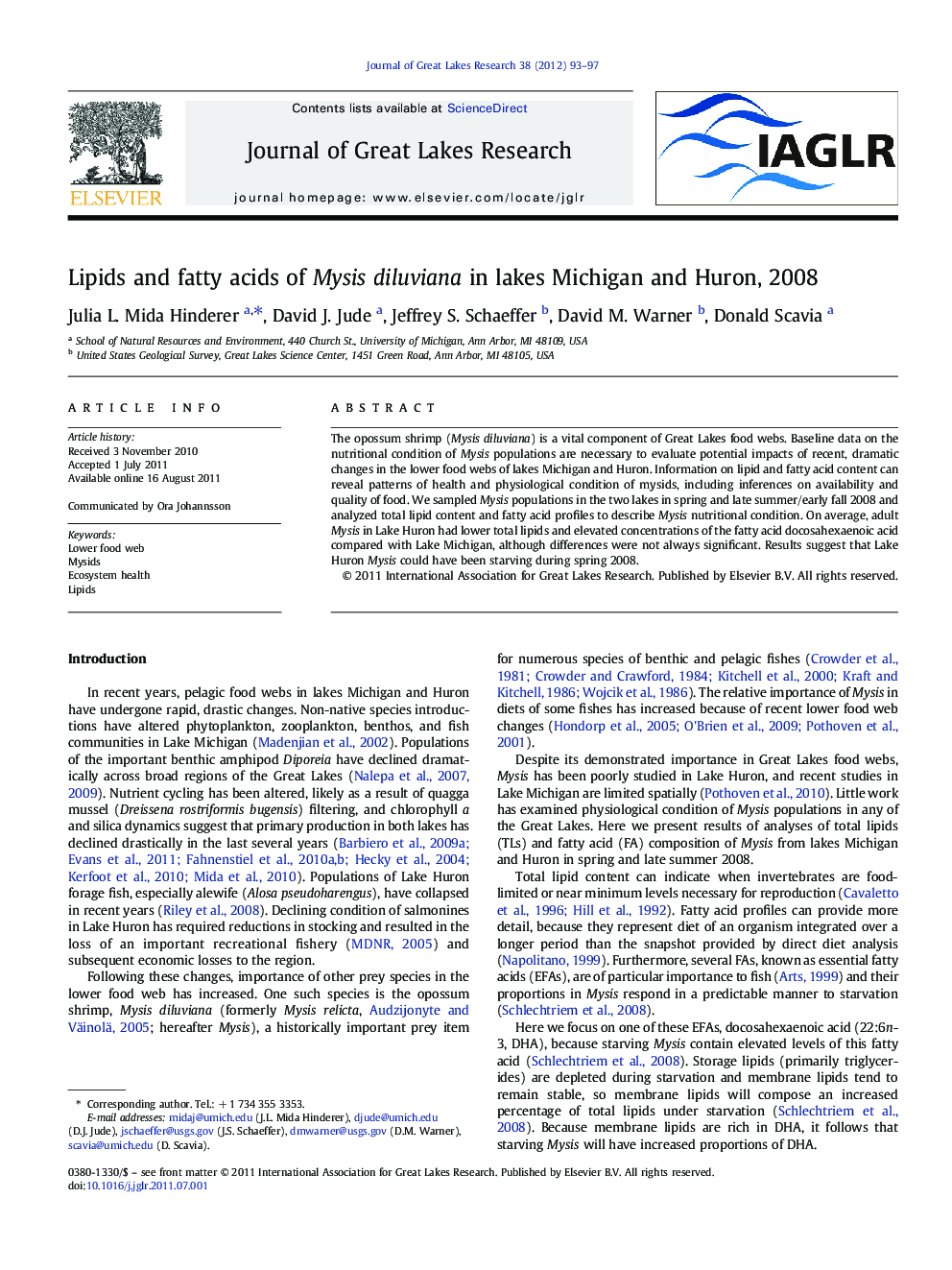 Lipids and fatty acids of Mysis diluviana in lakes Michigan and Huron, 2008