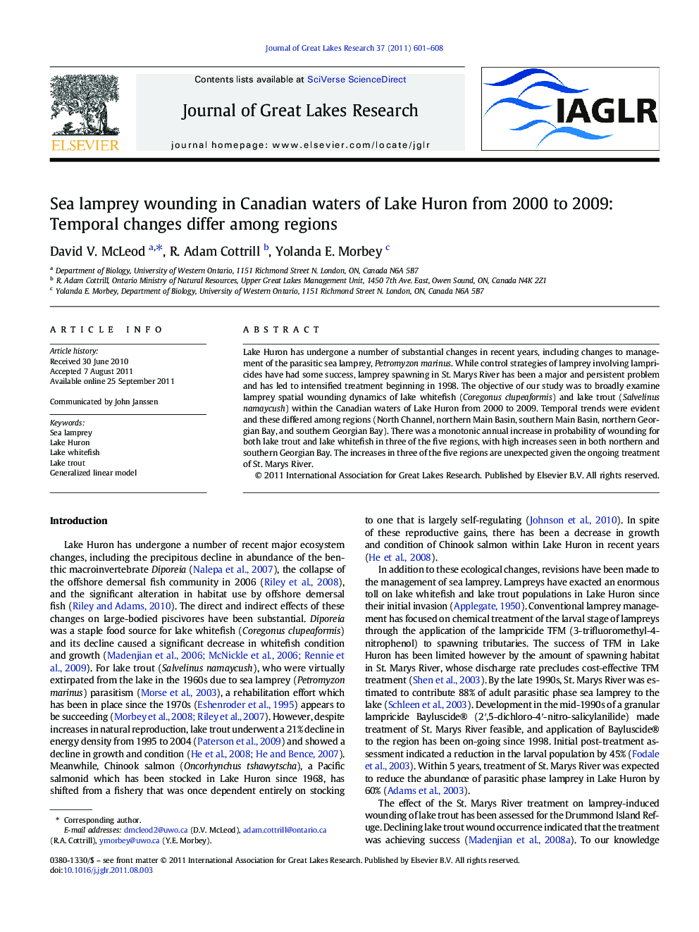 Sea lamprey wounding in Canadian waters of Lake Huron from 2000 to 2009: Temporal changes differ among regions