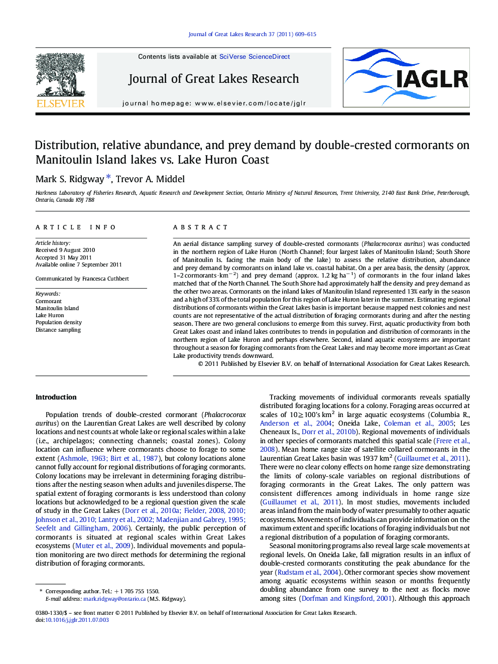 Distribution, relative abundance, and prey demand by double-crested cormorants on Manitoulin Island lakes vs. Lake Huron Coast