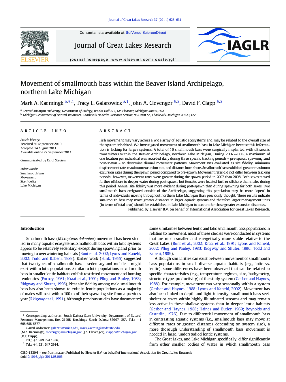 Movement of smallmouth bass within the Beaver Island Archipelago, northern Lake Michigan