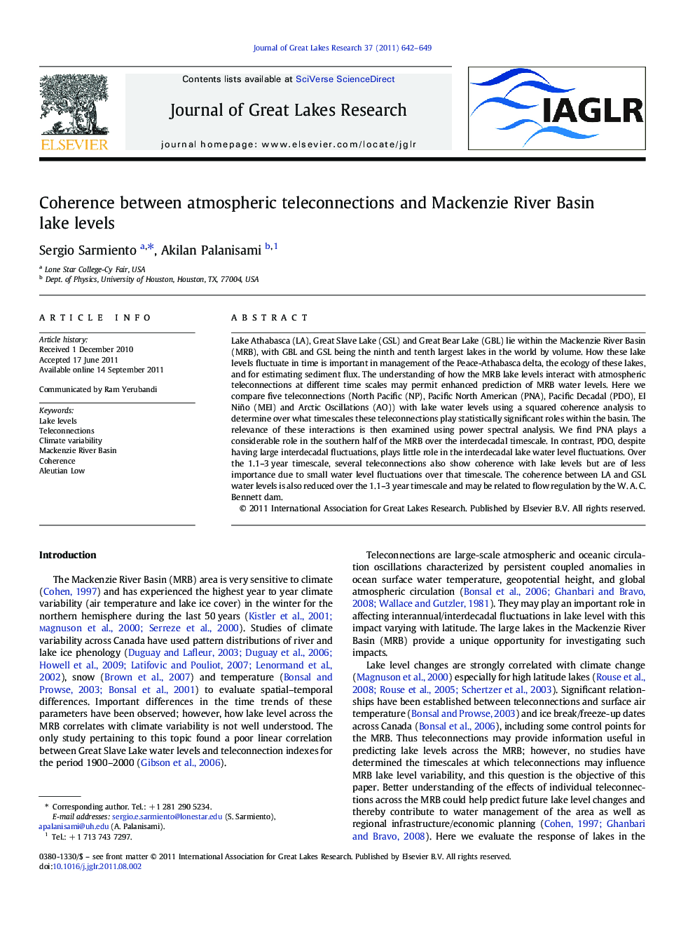 Coherence between atmospheric teleconnections and Mackenzie River Basin lake levels