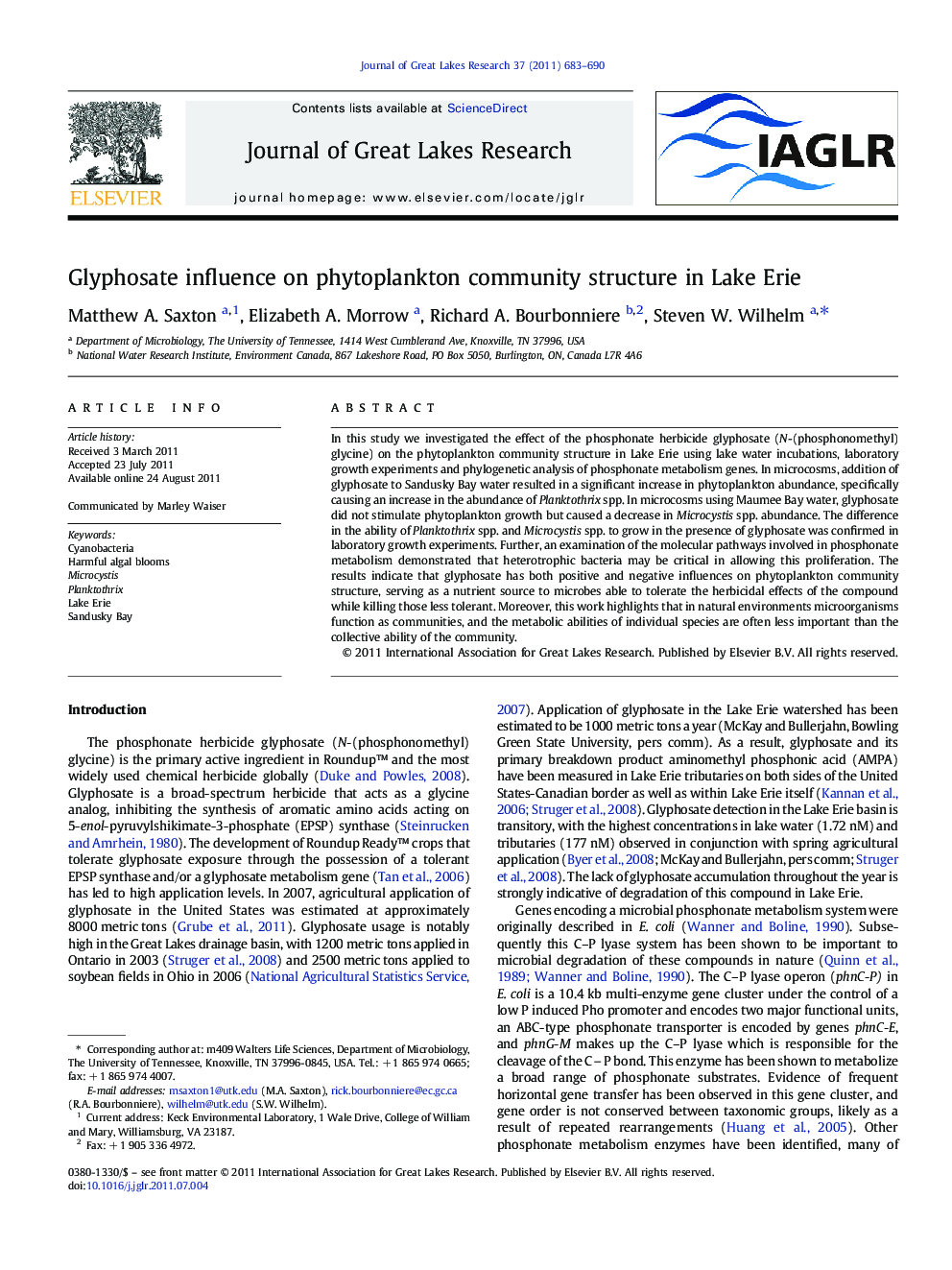 Glyphosate influence on phytoplankton community structure in Lake Erie