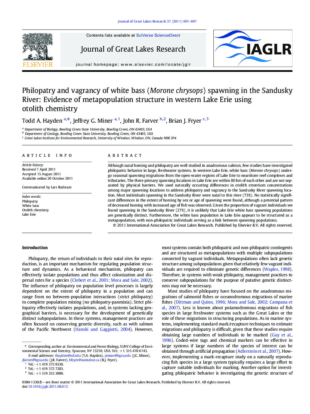 Philopatry and vagrancy of white bass (Morone chrysops) spawning in the Sandusky River: Evidence of metapopulation structure in western Lake Erie using otolith chemistry