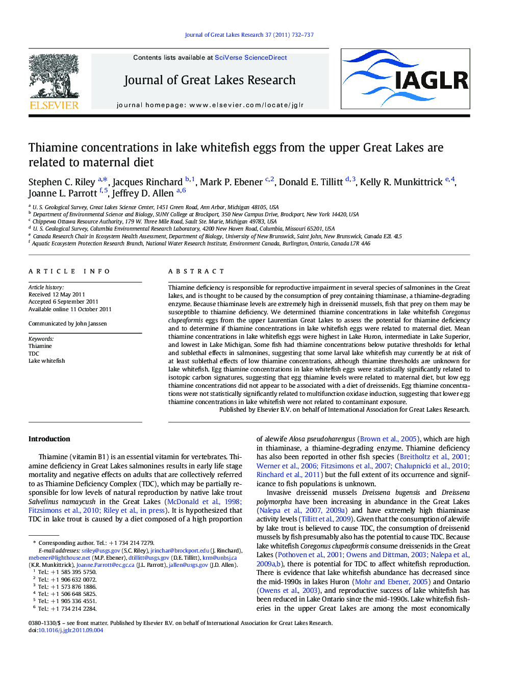 Thiamine concentrations in lake whitefish eggs from the upper Great Lakes are related to maternal diet