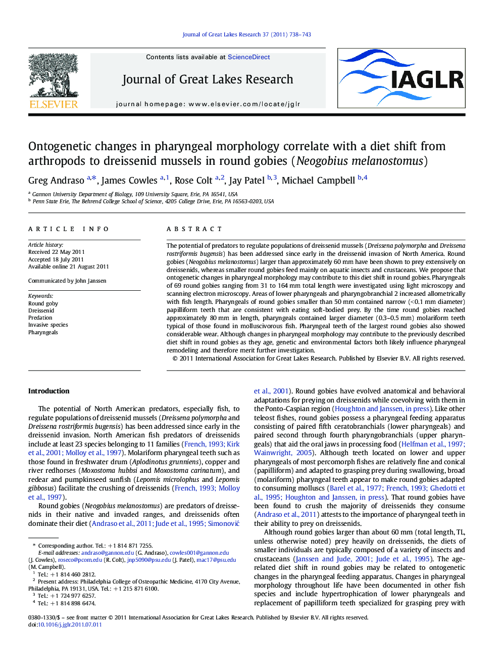 Ontogenetic changes in pharyngeal morphology correlate with a diet shift from arthropods to dreissenid mussels in round gobies (Neogobius melanostomus)