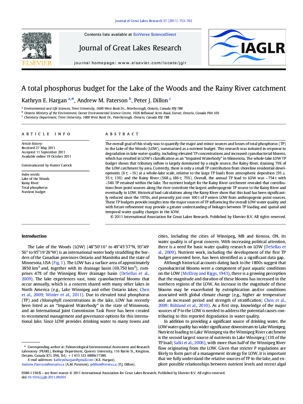 A total phosphorus budget for the Lake of the Woods and the Rainy River catchment