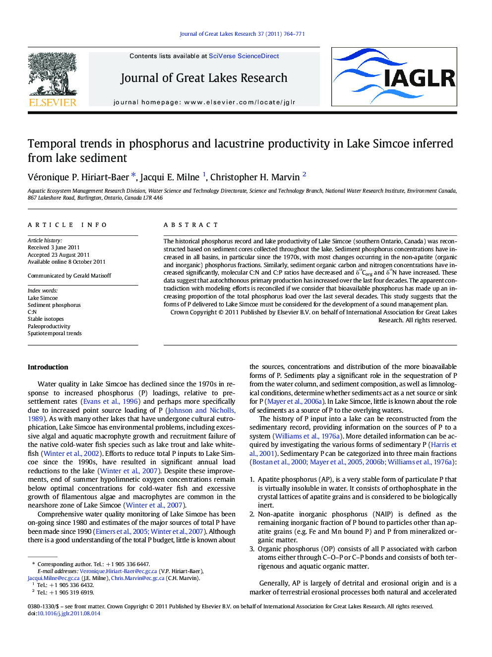 Temporal trends in phosphorus and lacustrine productivity in Lake Simcoe inferred from lake sediment