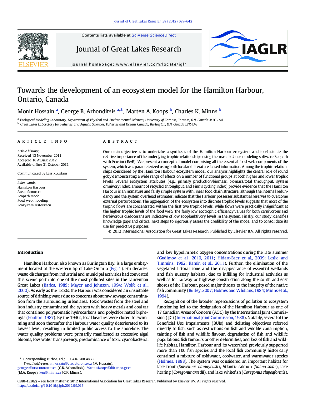 Towards the development of an ecosystem model for the Hamilton Harbour, Ontario, Canada