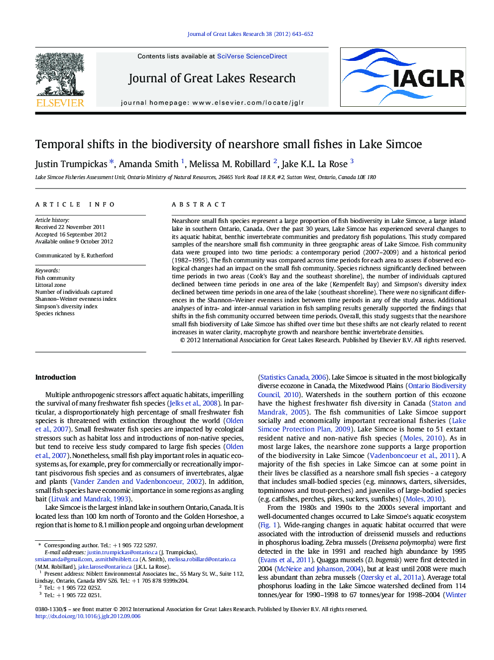 Temporal shifts in the biodiversity of nearshore small fishes in Lake Simcoe