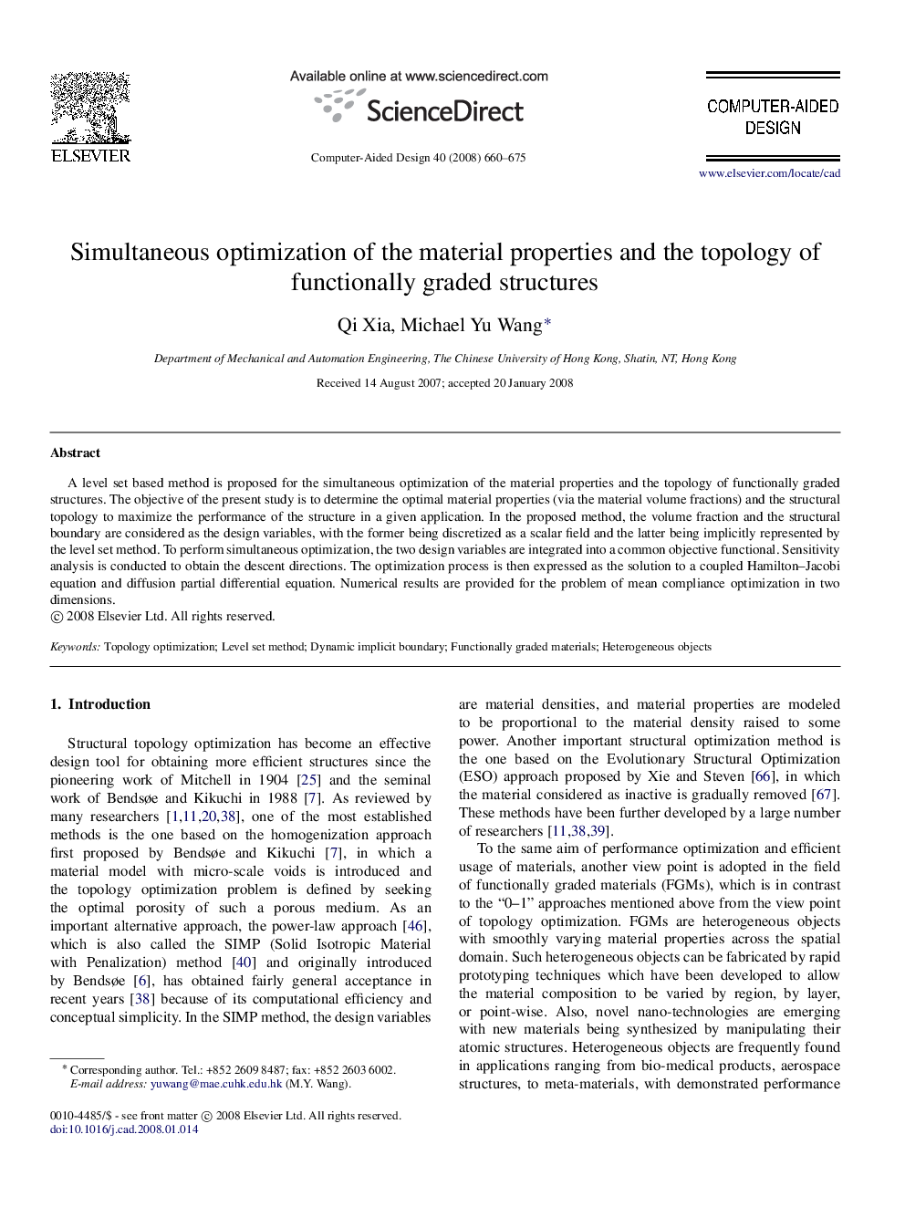 Simultaneous optimization of the material properties and the topology of functionally graded structures