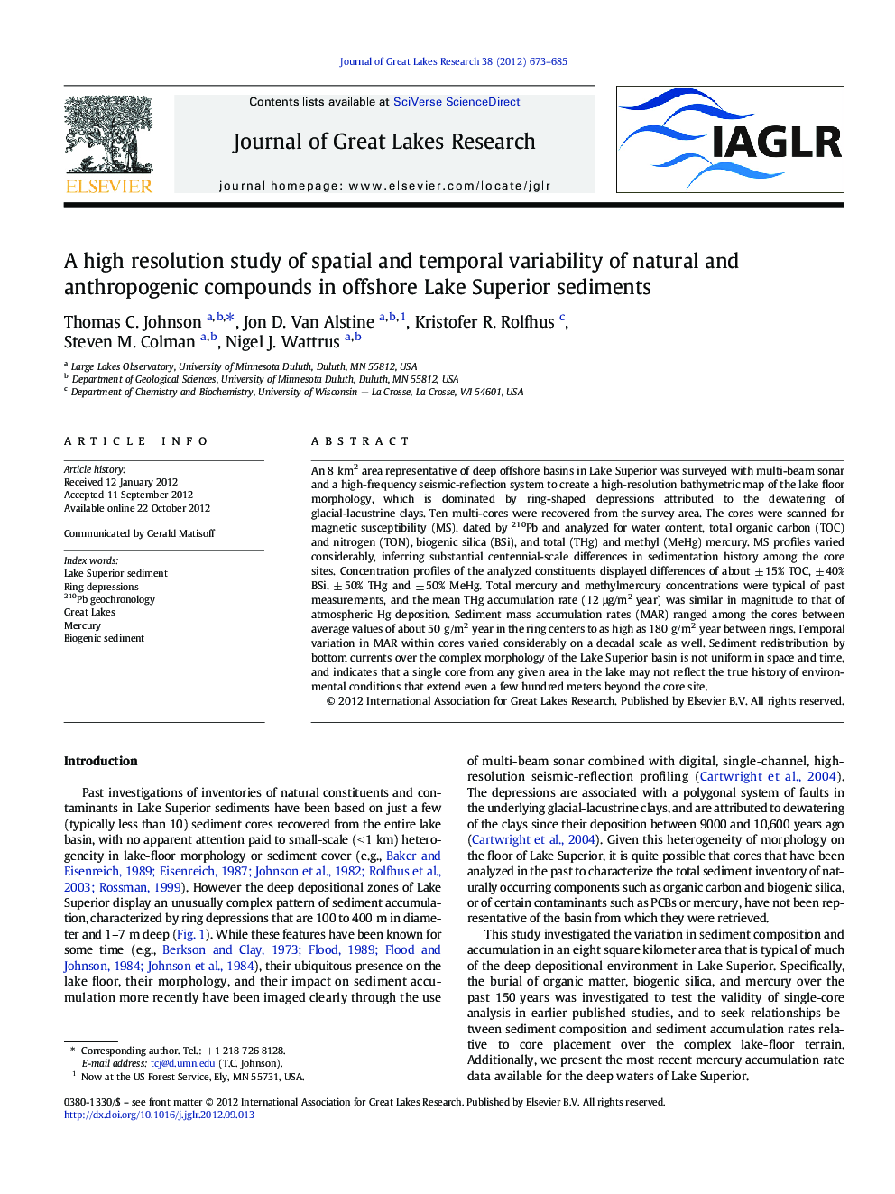 A high resolution study of spatial and temporal variability of natural and anthropogenic compounds in offshore Lake Superior sediments