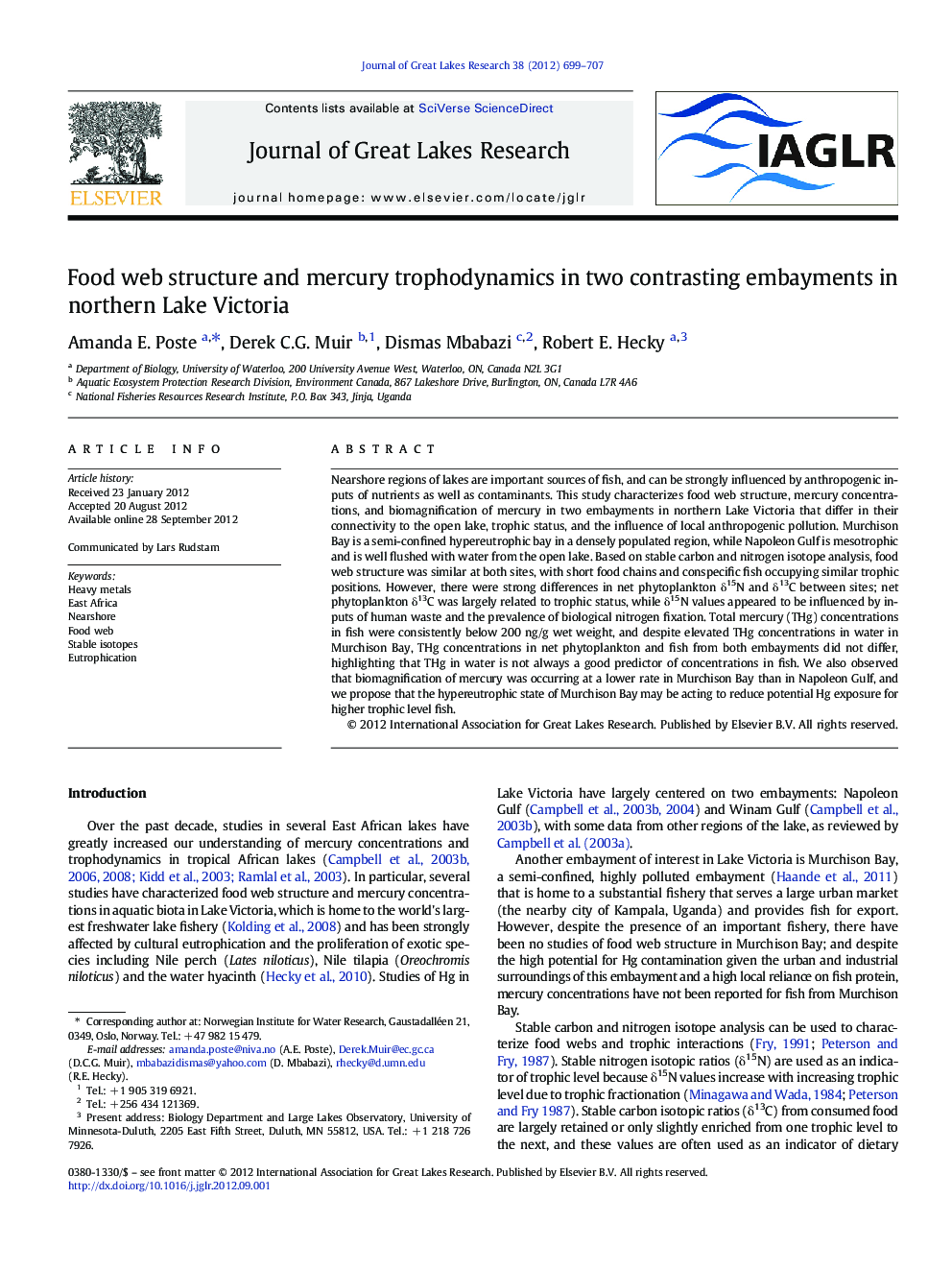 Food web structure and mercury trophodynamics in two contrasting embayments in northern Lake Victoria