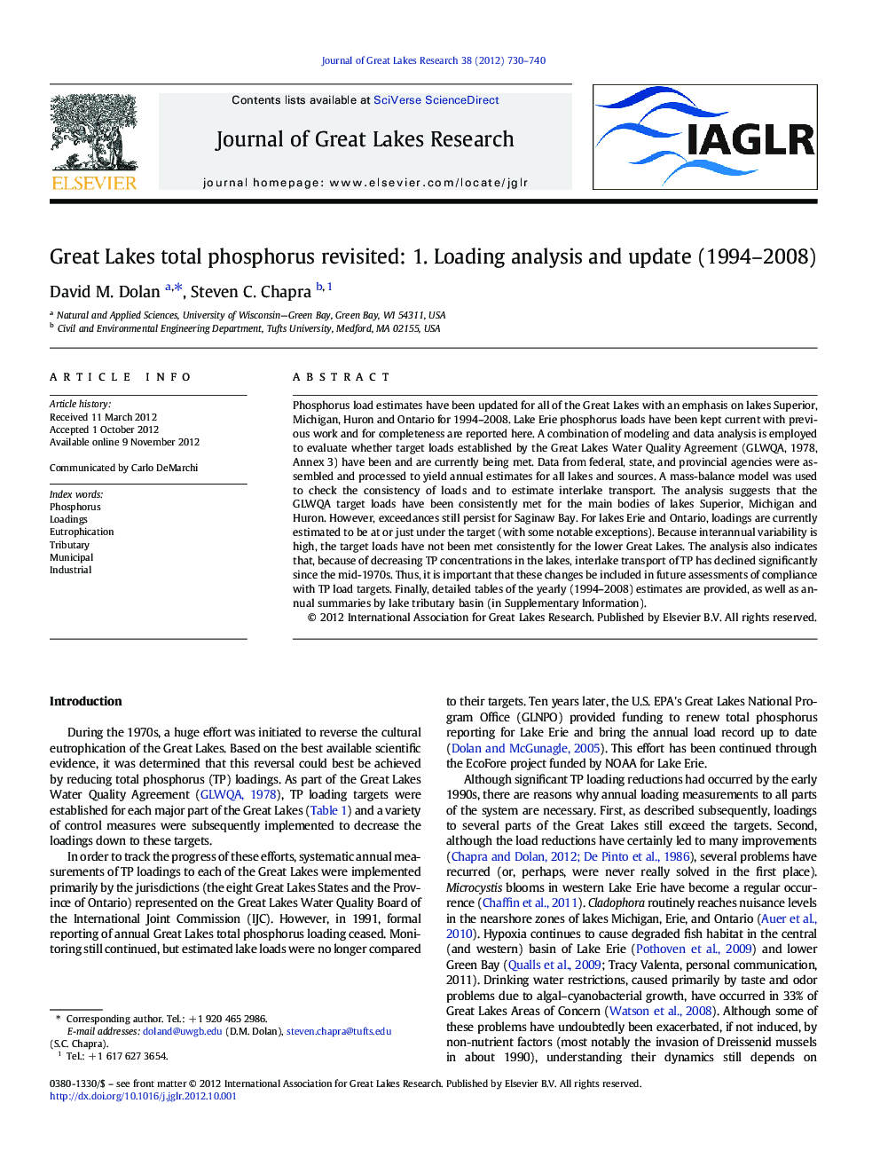 Great Lakes total phosphorus revisited: 1. Loading analysis and update (1994–2008)