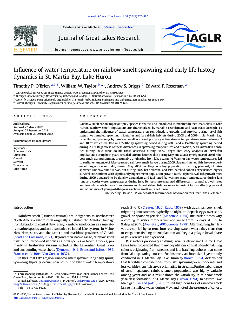 Influence of water temperature on rainbow smelt spawning and early life history dynamics in St. Martin Bay, Lake Huron