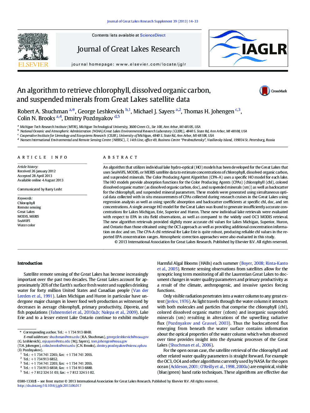 An algorithm to retrieve chlorophyll, dissolved organic carbon, and suspended minerals from Great Lakes satellite data