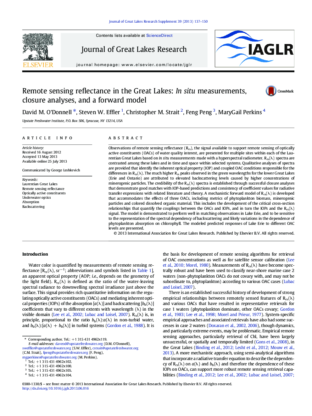 Remote sensing reflectance in the Great Lakes: In situ measurements, closure analyses, and a forward model