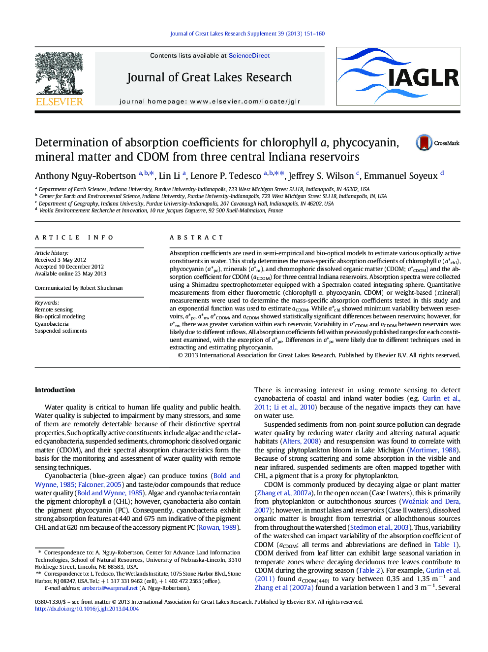 Determination of absorption coefficients for chlorophyll a, phycocyanin, mineral matter and CDOM from three central Indiana reservoirs