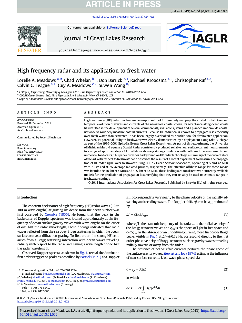 High frequency radar and its application to fresh water