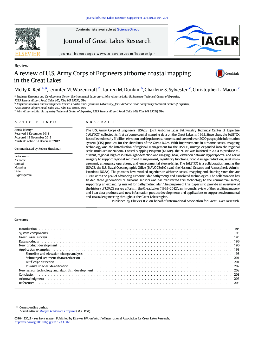 A review of U.S. Army Corps of Engineers airborne coastal mapping in the Great Lakes