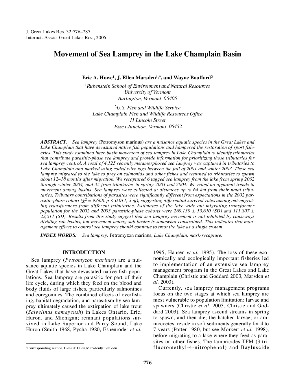 Movement of Sea Lamprey in the Lake Champlain Basin