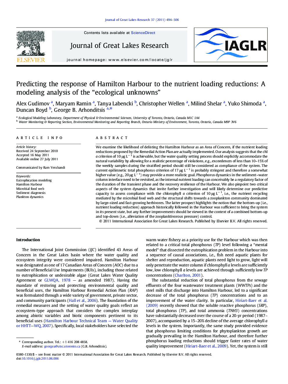 Predicting the response of Hamilton Harbour to the nutrient loading reductions: A modeling analysis of the “ecological unknowns”