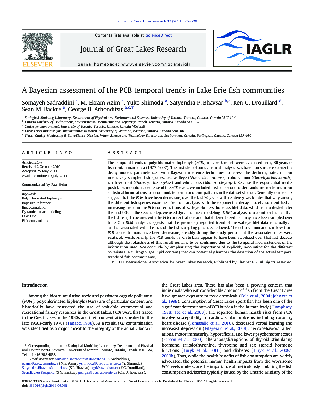 A Bayesian assessment of the PCB temporal trends in Lake Erie fish communities