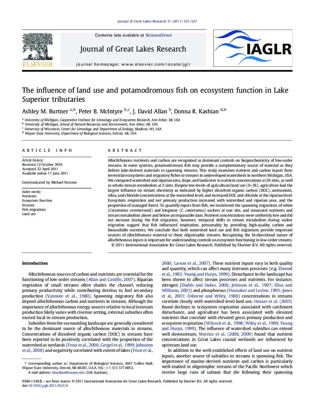 The influence of land use and potamodromous fish on ecosystem function in Lake Superior tributaries